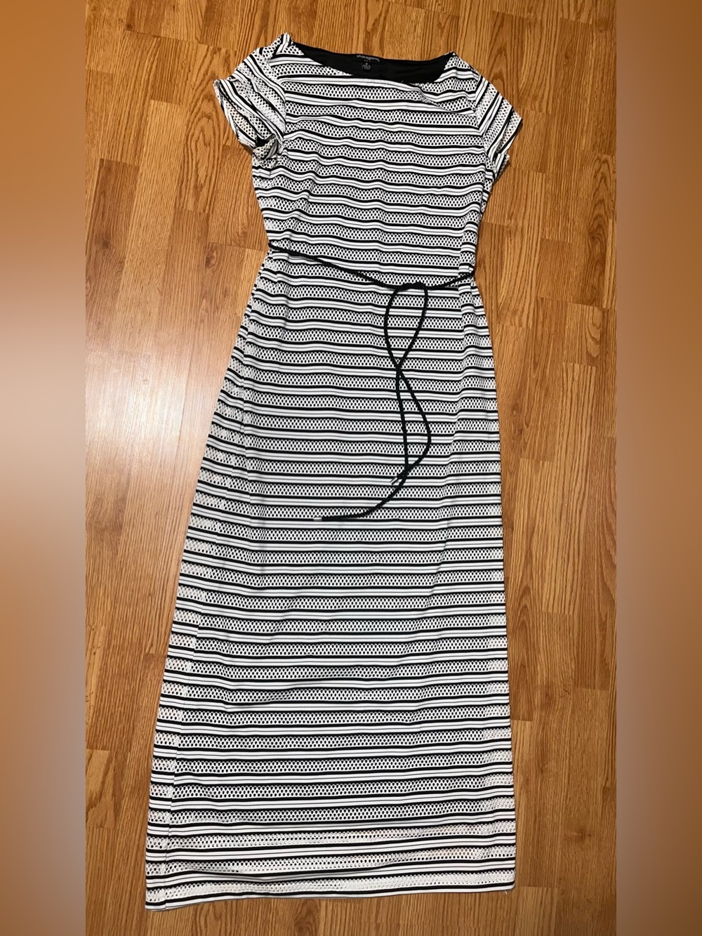 Sharagano Black & White Striped Maxi Dress with Corded Belt